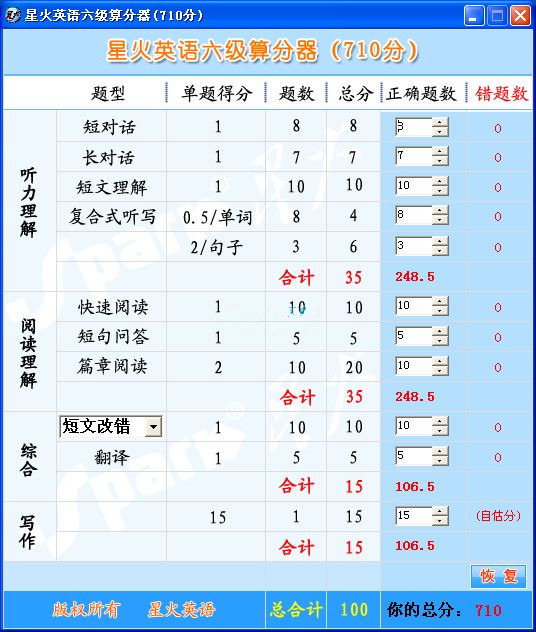 星火大学英语六级算分器下载