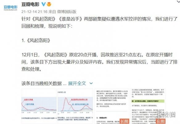 12月14日晚间，针对此前大众对豆瓣电影剧集遭水军控评争